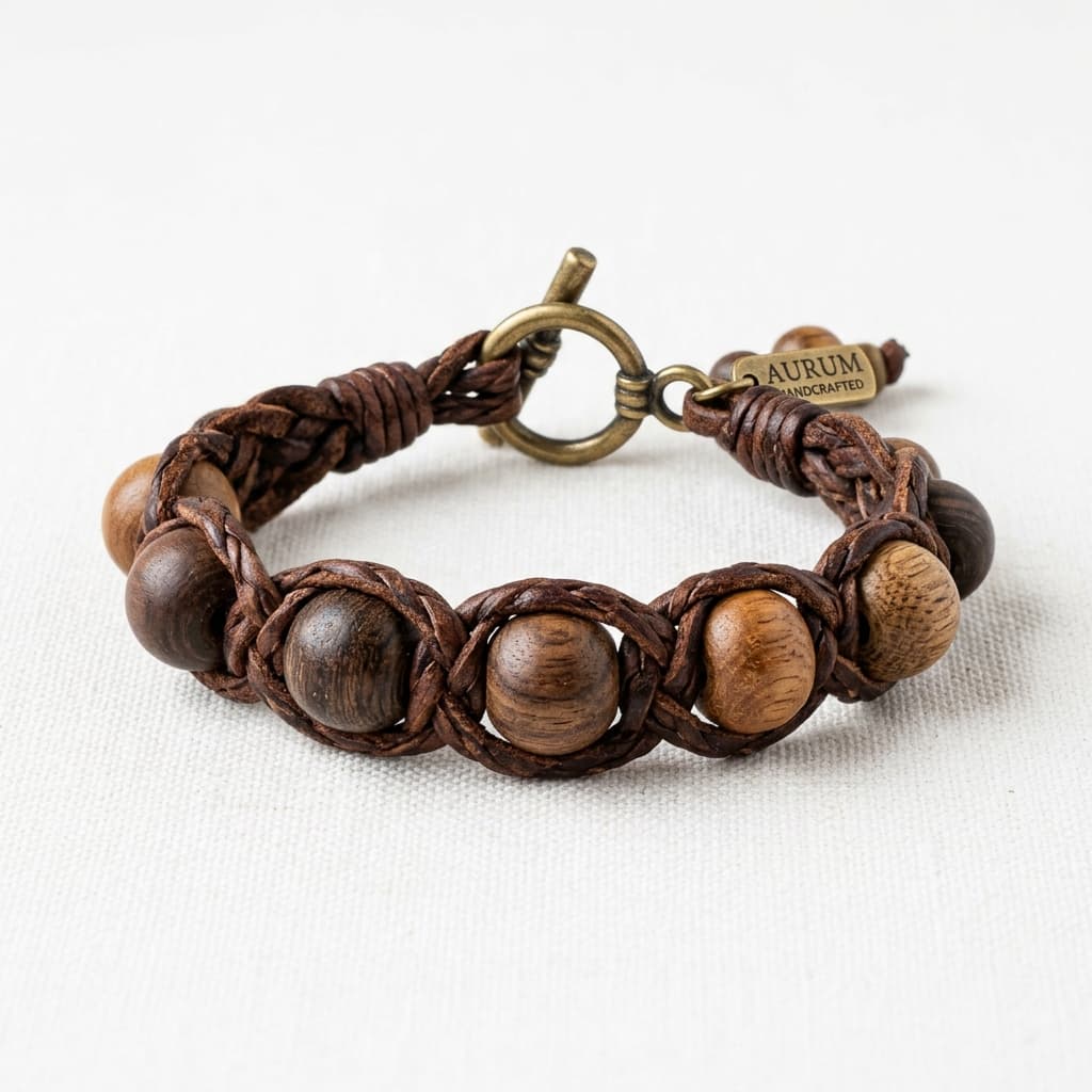 Bracelet Cuir Tressé & Bois
